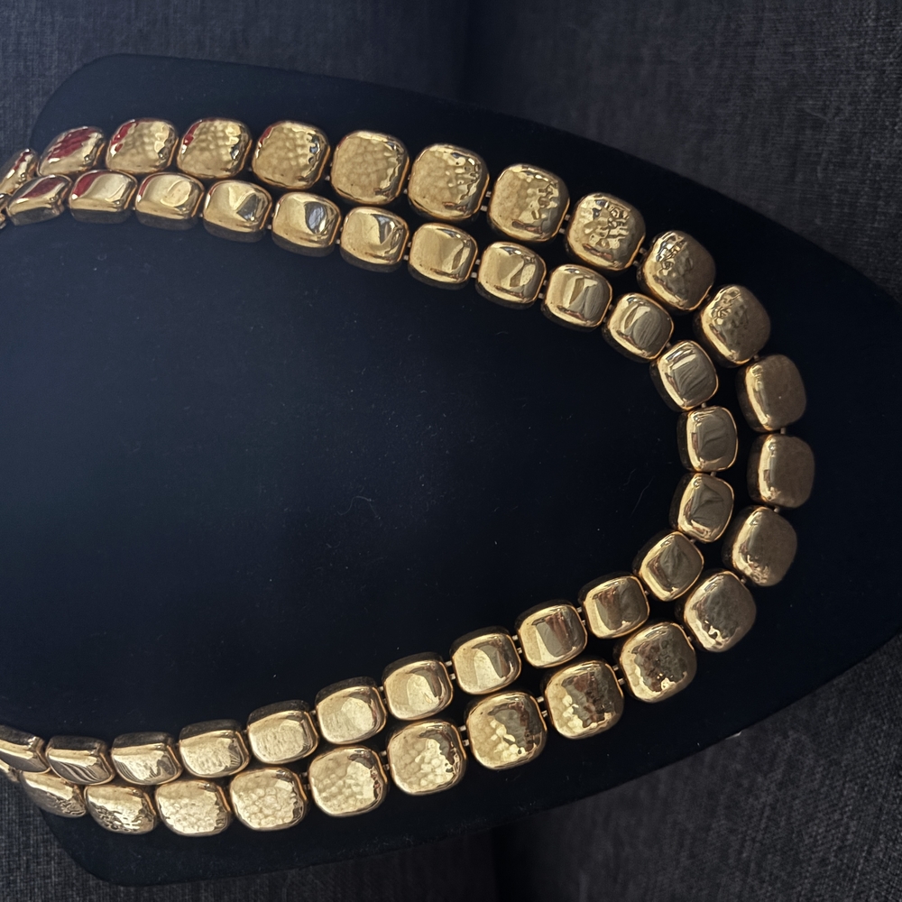 Rare VNTG Monet Double Strand Necklace Hammered Gold-tone bib